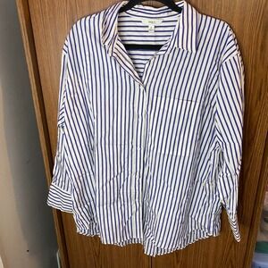 M&S Striped Button Down Shirt Womens 16 Blue White Cotton‎ Long Sleeve T43 1388